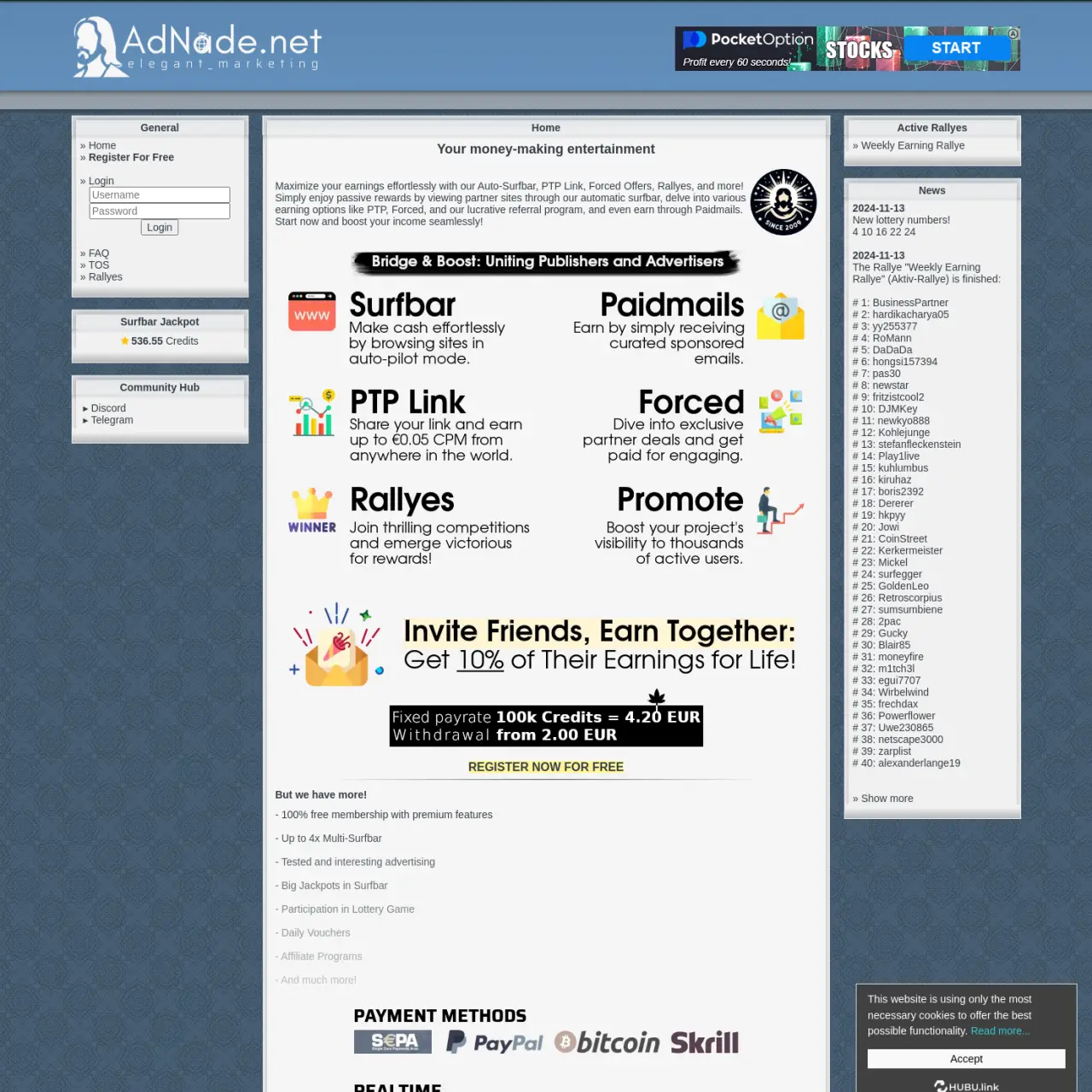 AdNade.net ऑटो-सर्फ़बार, पीटीपी लिंक और बहुत कुछ के माध्यम से आय बढ़ाने के लिए एक मंच प्रदान करता है