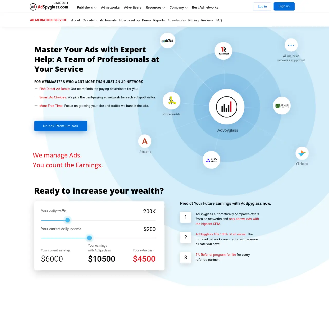 AdSpyglass offers expert ad management for webmasters, finding high-paying advertisers and optimizin