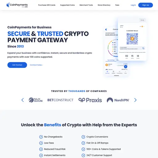 कॉइनपेमेंट्स एक भुगतान गेटवे प्रदान करता है। क्रिप्टोकरेंसी जो सुरक्षित और विश्वसनीय है, हजारों कंपन