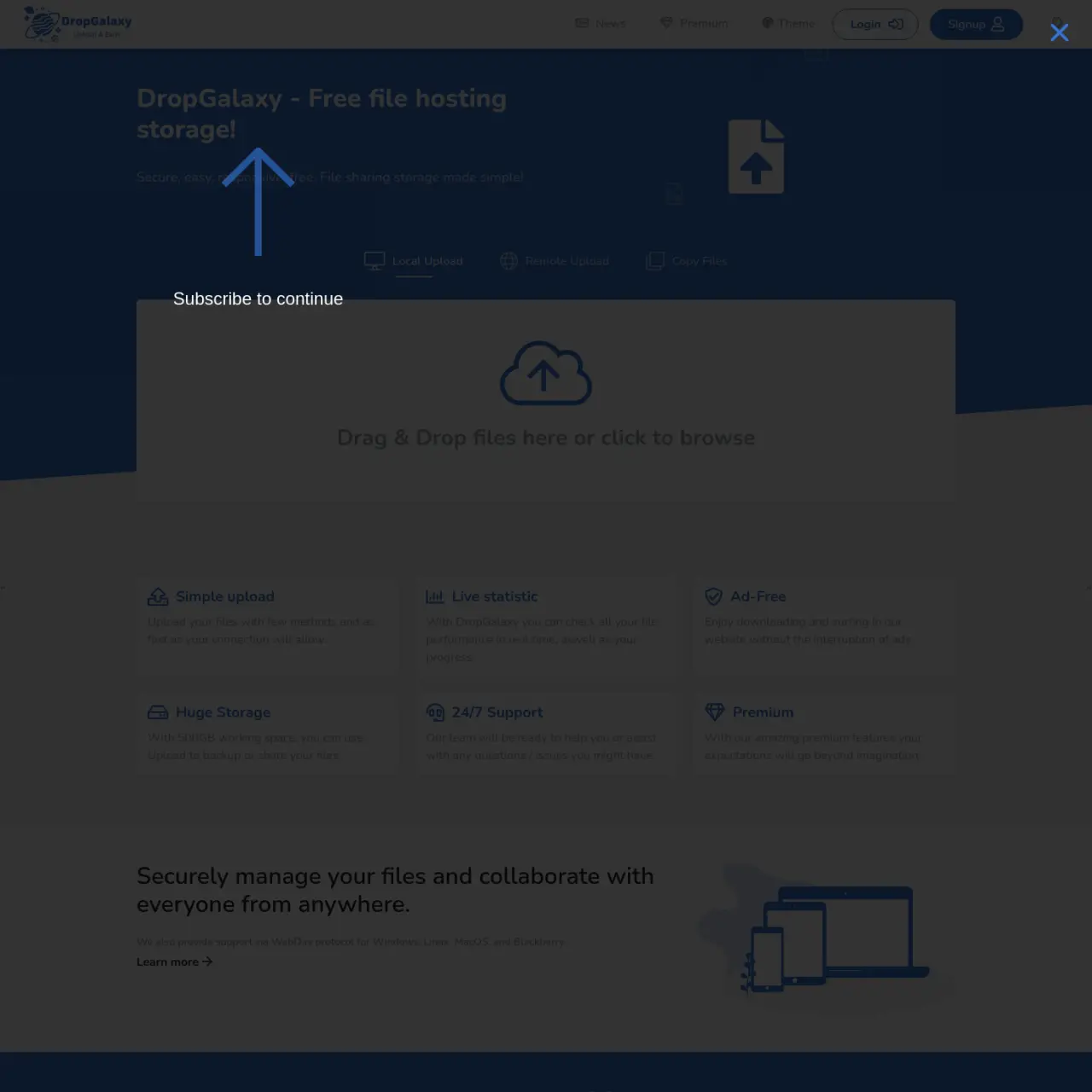 DropGalaxy ist ein kostenloser Datei-Upload-Dienst, der schnelle und einfache Uploads, Live-Statisti