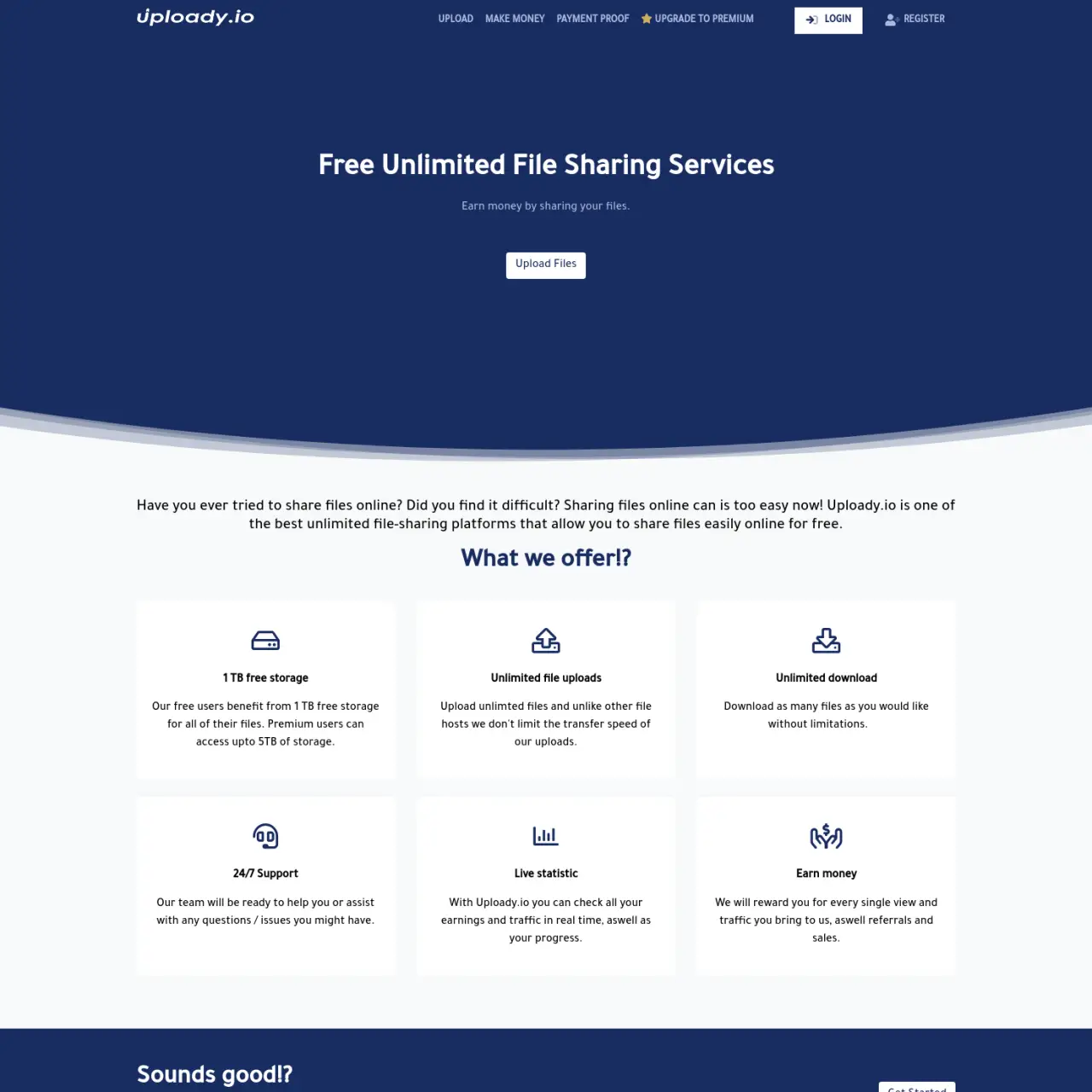 Uploady.io 是一个免费的文件共享平台，为免费用户提供 1 TB 的存储空间，为高级用户提供高达 5 TB 的存储空间。它允许无限制的上传和下载，提供 24/7 支持、实时统计数据，并提供盈利