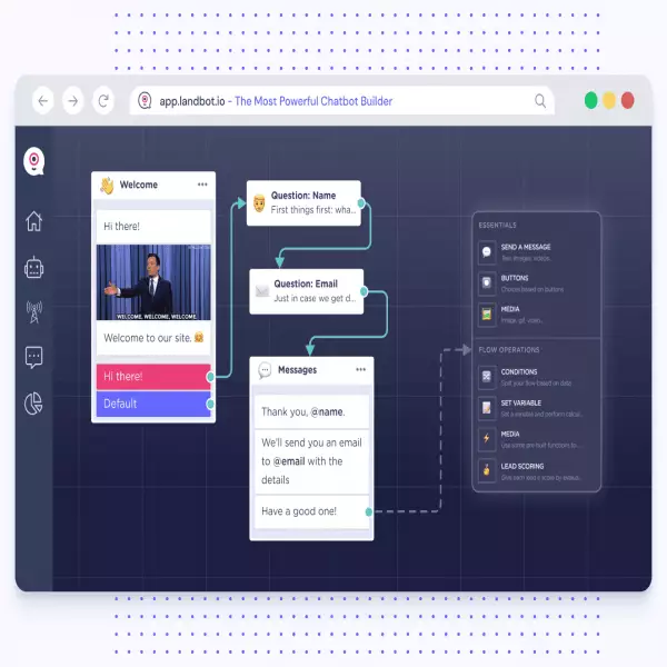 Landbot Mengotomatiskan chatbot situs web Anda sendiri, menghubungkan WhatsApp, Facebook Messenger.