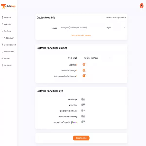 articleforge mengotomatiskan penulisan konten dengan AI untuk situs web atau blog Anda.