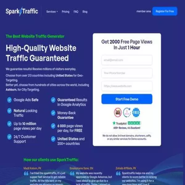 SparkTraffic Web サイトにトラフィックを追加し、サインアップして 2000 回の無料ビューを取得します。