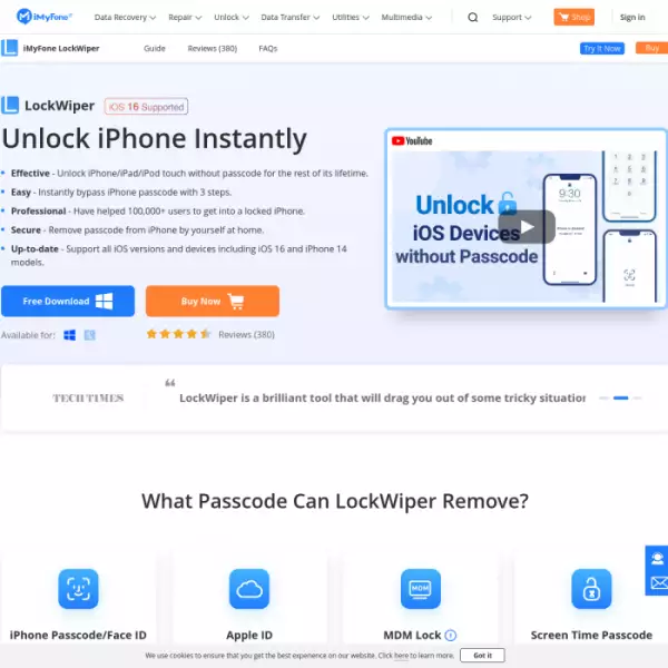 Desbloqueador de iPhone iMyFone LockWiper (descarga gratuita), desbloqueo de ID de Apple y más.