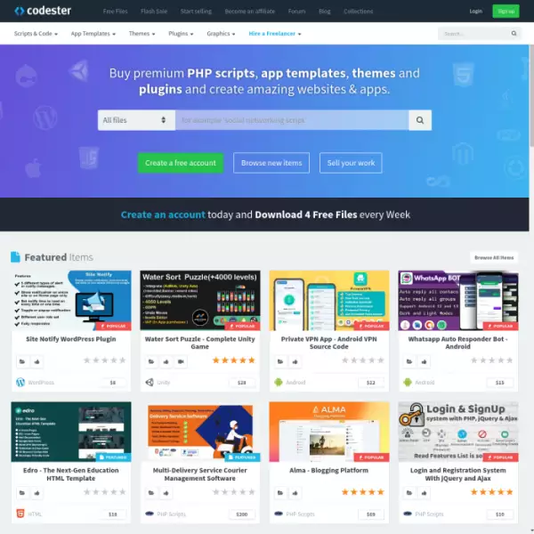 크리에이터, 웹사이트, 스크립트, 테마, 앱, 게임을 위한 Codester Marketplace.