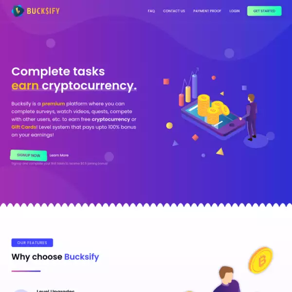bucksify easy earning online minimum withdrawal 5$ earn cryptocurrency or free gift card