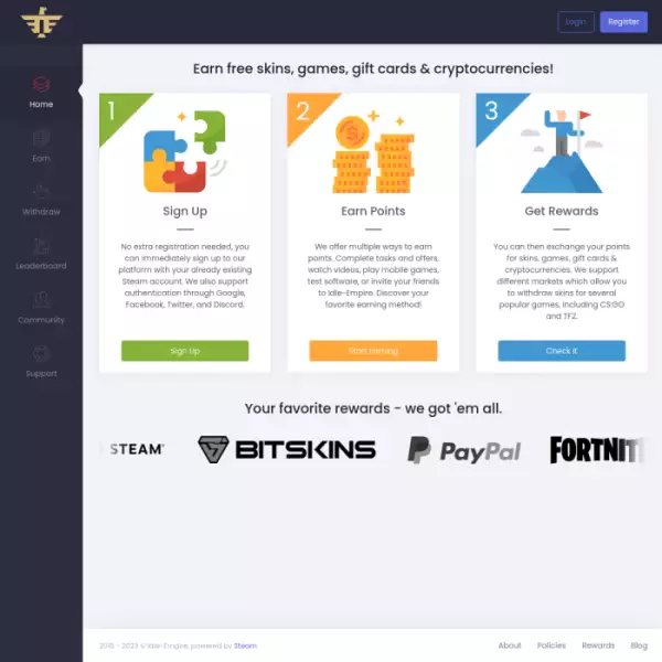 idle-empire, earn money easily, get free skins, games, gift cards and cryptocurrencies!