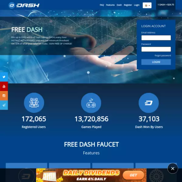 freedash.io Faucet Free Dash Hourly You Might Win $300 Worth