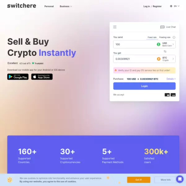 Switchere memperdagangkan BTC dan semua mata uang kripto utama dengan kartu kredit.