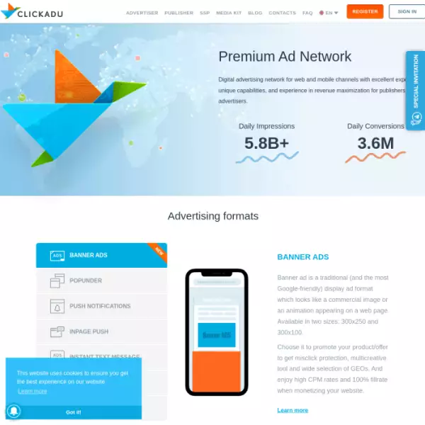 Clickadu เป็นแพลตฟอร์มการเพิ่มรายได้ที่ยอดเยี่ยม ให้บริการสำหรับผู้เผยแพร่และผู้ลงโฆษณา
