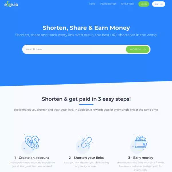 exe.io Link Shortener (Kostenlos) Zahlt maximal 8,00 $, min. 3,00 $ pro 1000 Aufrufe