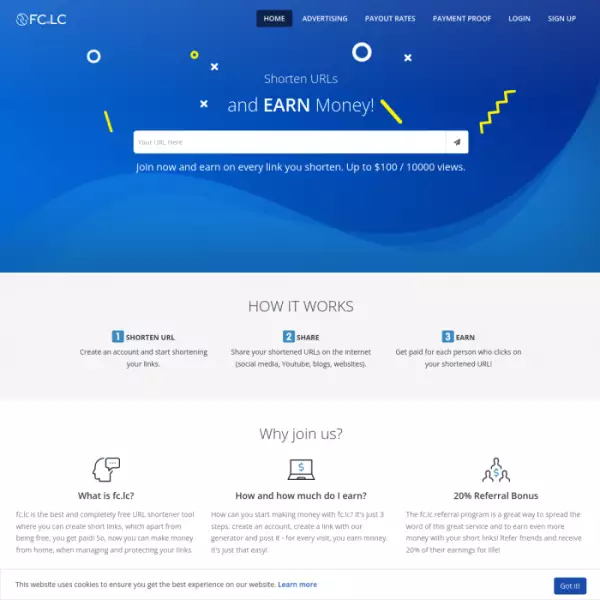 Fc.lc link shortener website earn money online Pay up to 20$ per 1000 views.