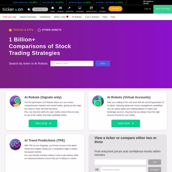 Tickeron เป็นตลาดที่มีเครื่องมือขับเคลื่อนด้วย AI สำหรับนักเทรดและนักลงทุน