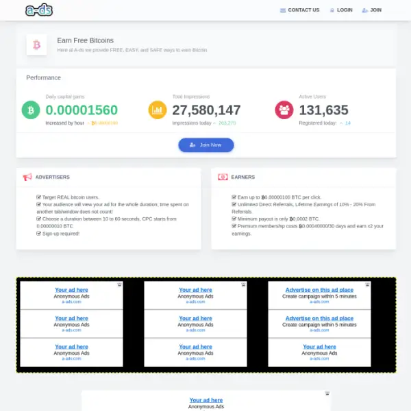 Nền tảng a-ds.co (PTC) Kiếm Bitcoin Kiếm tới 0,00000100 BTC mỗi lần nhấp