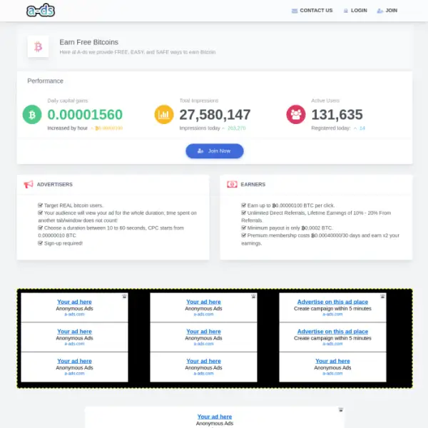 a-ds.co Platform (PTC) Earn Bitcoin Earn Up To 0.00000100 BTC Per Click