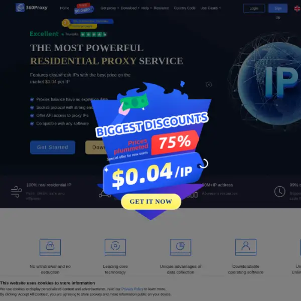 360proxy Самый дешевый в мире резидентный прокси, предоставляющий IP-адреса в более чем 190 странах.