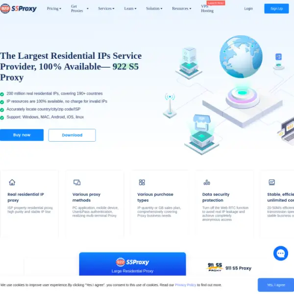 922S5 Proxy ผู้ให้บริการพร็อกซี IP ครอบคลุมความบริสุทธิ์ของ IP สูงถึง 99.8%