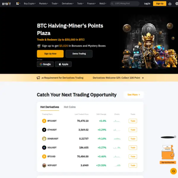 Bybit, một sàn giao dịch tiền điện tử cung cấp đòn bẩy lên tới 100 lần và nhiều dịch vụ.