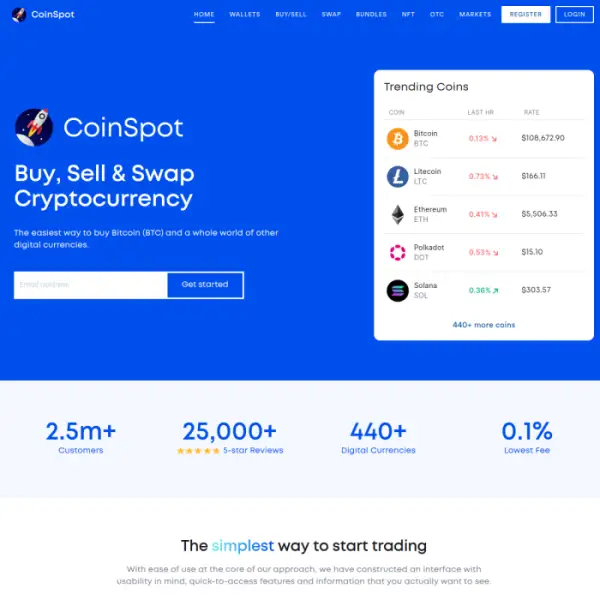 Platform dagangan crypto selamat CoinSpot, yuran terendah bermula pada 0.1%.