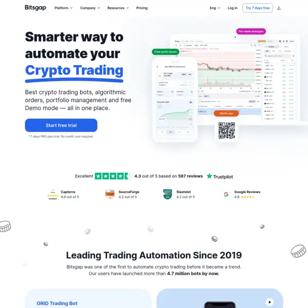 Bitsgap は、ボット アルゴリズム注文を備えたオールインワンの暗号通貨取引プラットフォームです。とポートフォリオ管理 600,000 人以上の幸せなトレーダーがおり、安全かつ迅速に操作できます