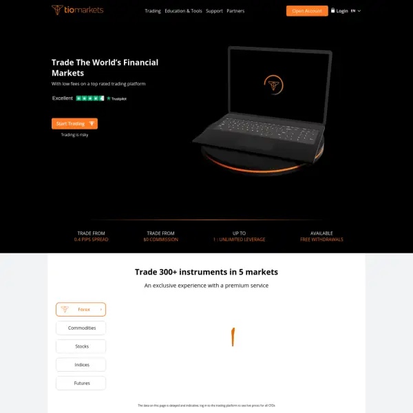 TIOmarkets 是顶级经纪商。提供低费用和无限杠杆的外汇交易，平台上的商品股票指数和期货点差从 0.4 点起。