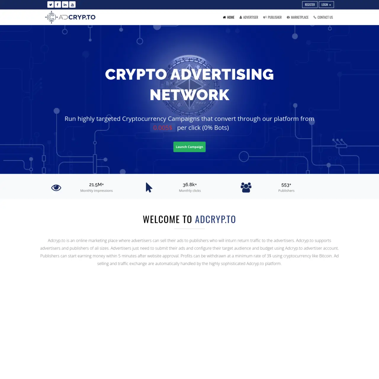 Adcryp.to is a cryptocurrency advertising network where advertisers can run targeted campaigns start