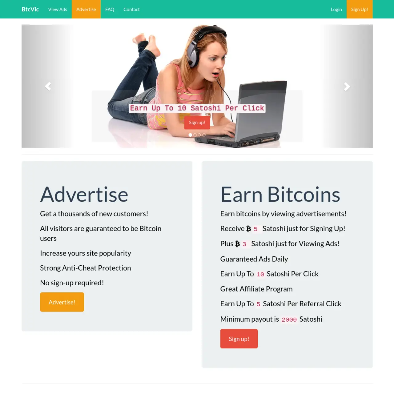 BtcVic is a website that offers Bitcoin advertisements without the need for registration. Users can