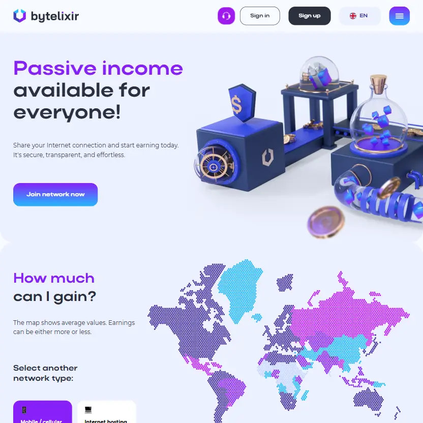 ByteLixir 是一款安全、透明的被动收入应用程序。用户分享他们的互联网连接来赚钱。收入因位置和网络速度等因素而异。