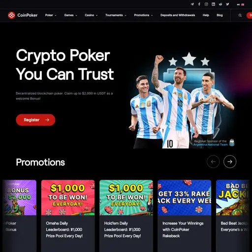 CoinPoker 是一个与阿根廷足球协会合作的去中心化加密货币扑克平台。它使用区块链技术提供安全、匿名的游戏玩法，并支持多种加密货币进行交易。