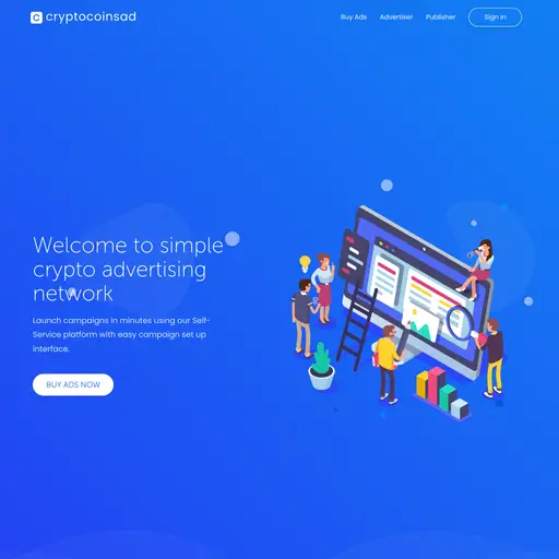 Crypto advertising network offering CPM and CPC ad types, with text, image, and pop-under formats. P