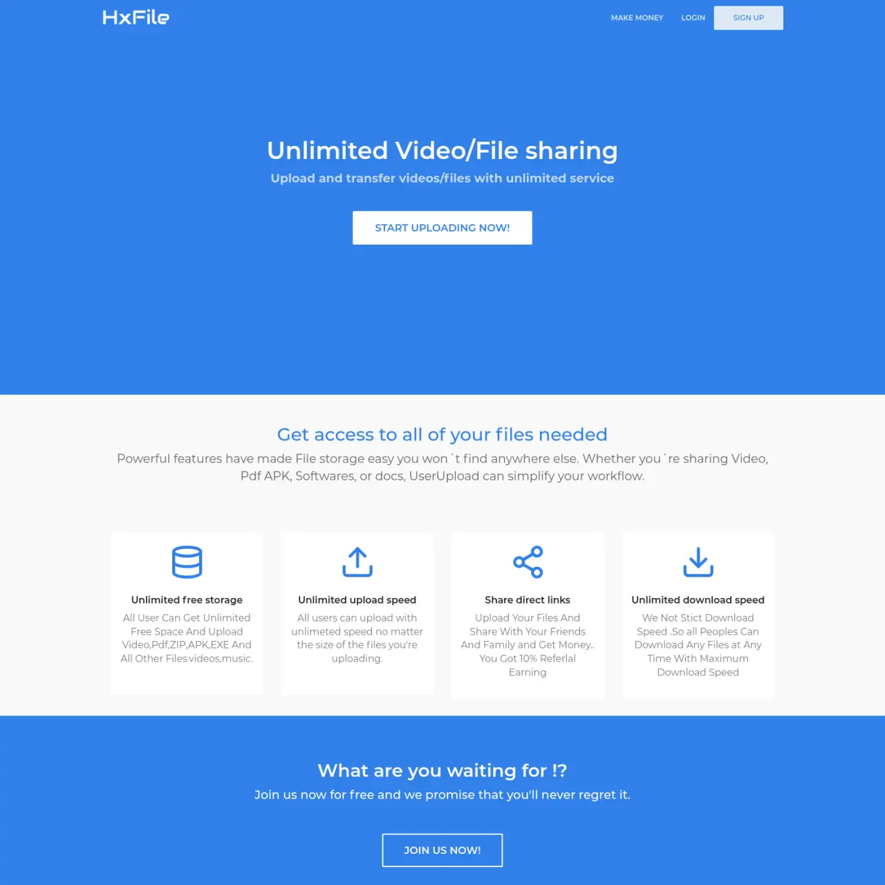Hxfile提供免费的无限文件存储和共享，允许用户无速度限制地上传各种文件类型。用户可以通过直接链接共享文件并通过推荐赚取 10%。