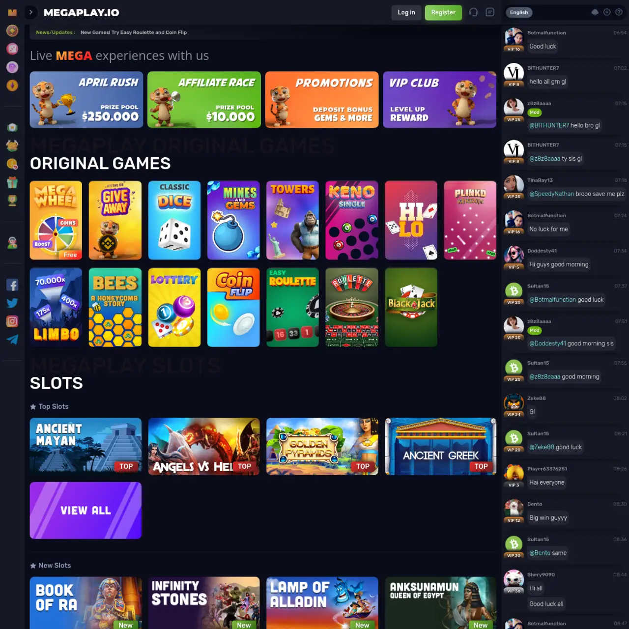 MegaPlay.io is a gambling website with slots and other games. Users can bet and win Gems. MEGA coins