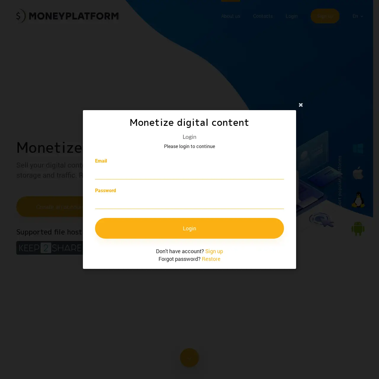 Moneyplatform 允许用户销售具有无限存储和流量的数字内容，从销售中赚取高达 75% 的收入。它通过有效地处理上传、付款和文件共享来简化流程。