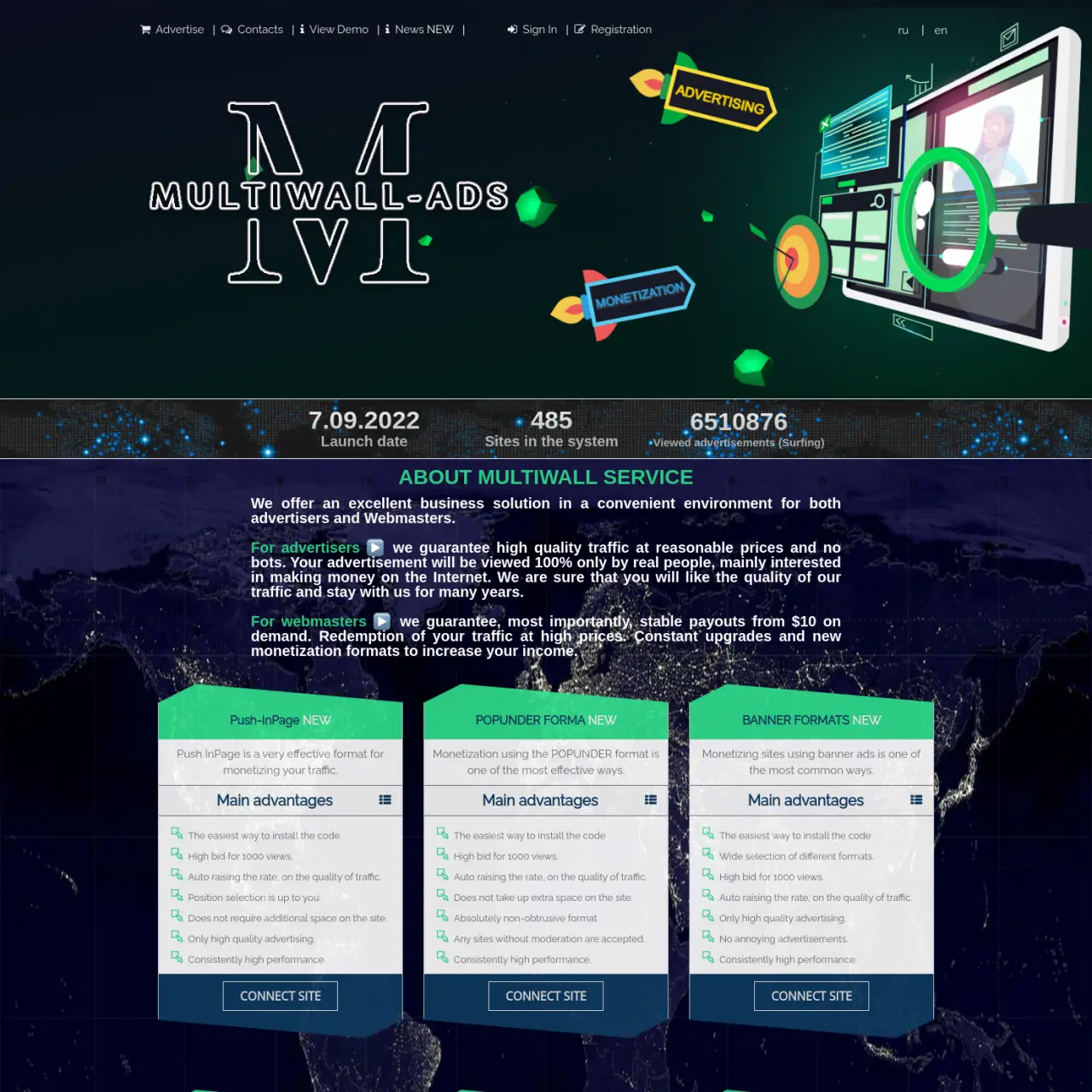 本文讨论了 MULTIWALL，这是一项为广告商和网站管理员提供高质量流量货币化和促销解决方案的服务。它保证真实的人性化视图、10 美元起的稳定付款以及 Push InPage、Popunder 和横