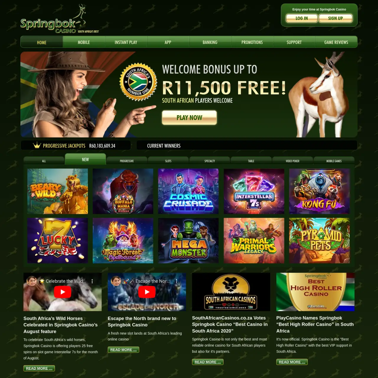 Springbok Casino offers a generous R11500 welcome bonus. The casino has a progressive jackpot and a