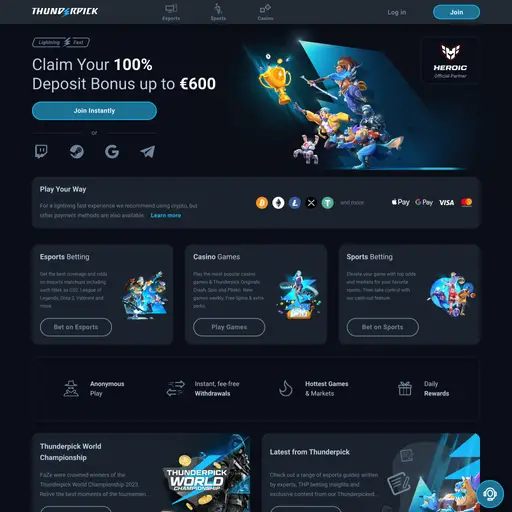 Thunderpick offers crypto esports betting and casino games, featuring popular events like League of