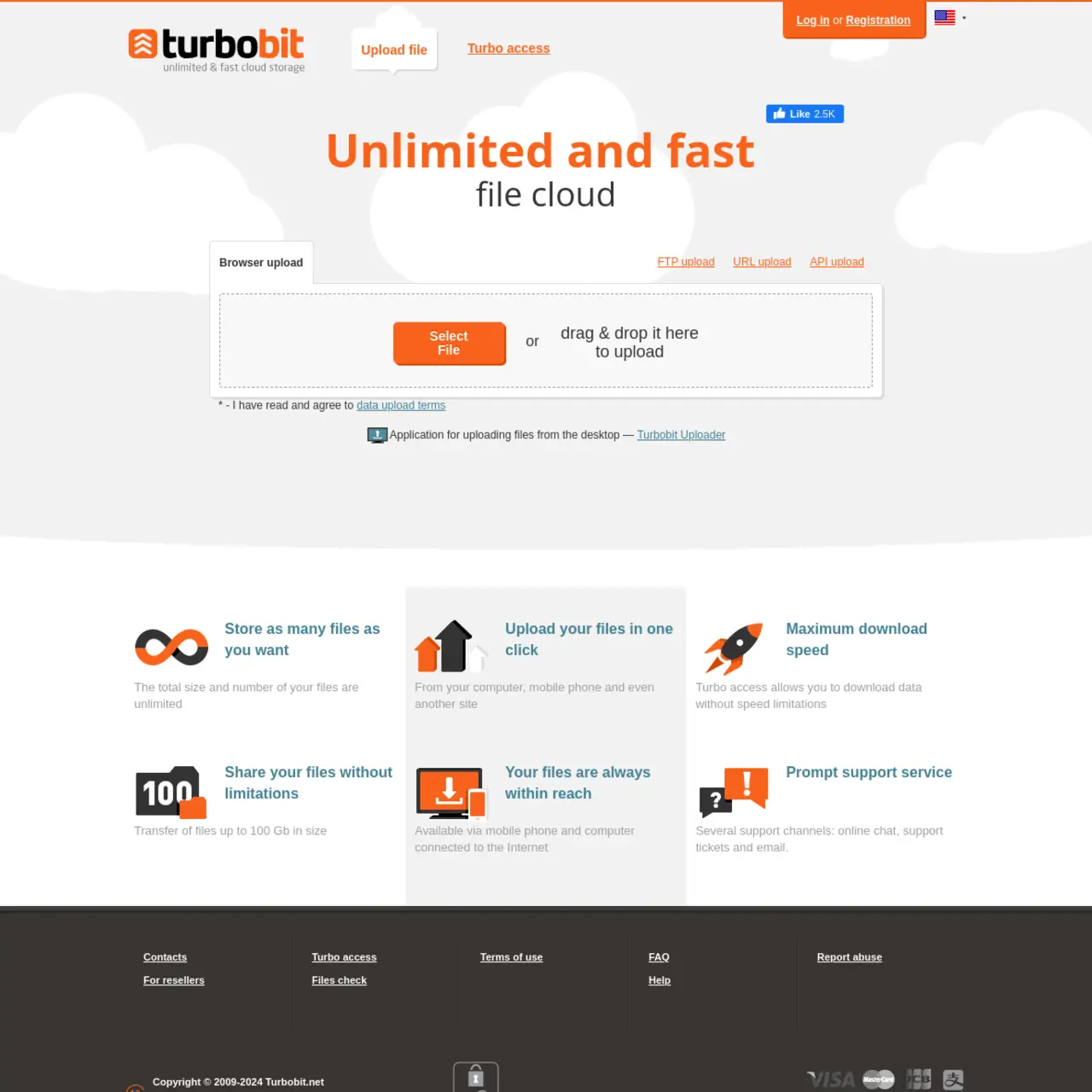 TurboBit .net 提供无限且快速的云文件存储。用于存储无限文件的服务的功能 文件可以不受限制地共享，文件传输量高达 100 GB。