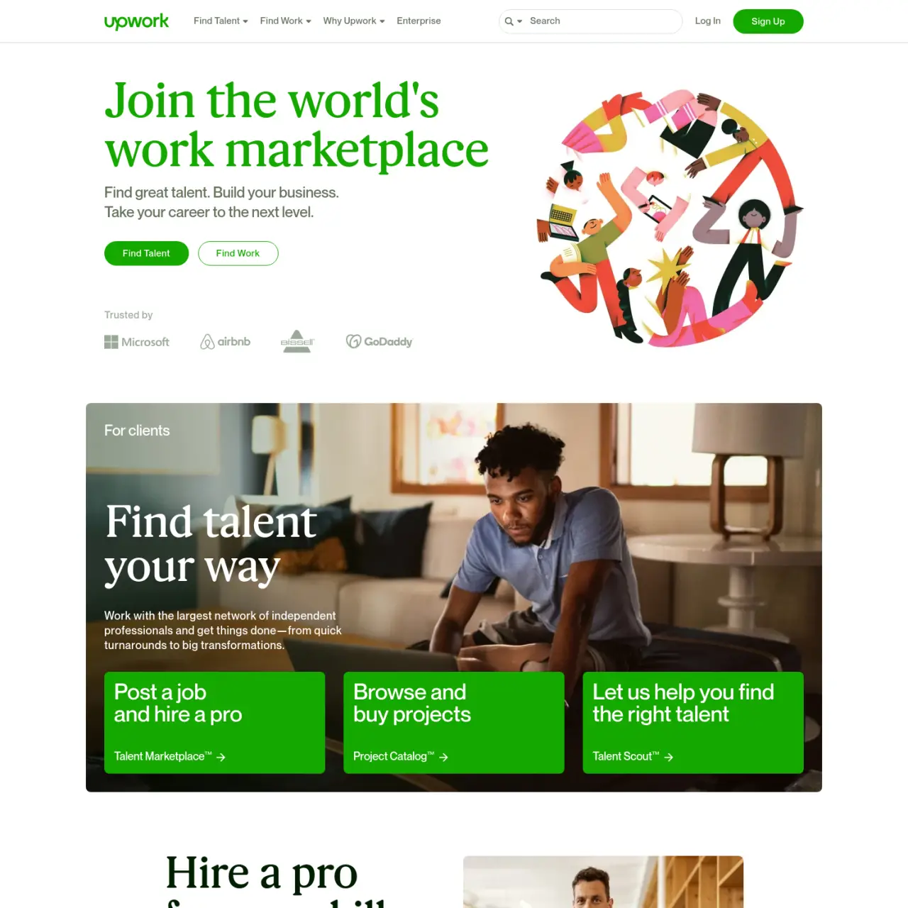 Upwork เป็นตลาดการทำงานระดับโลกที่เชื่อมโยงลูกค้ากับมืออาชีพอิสระ ให้การลงทะเบียนที่ง่ายดาย ค่าธรรมเ