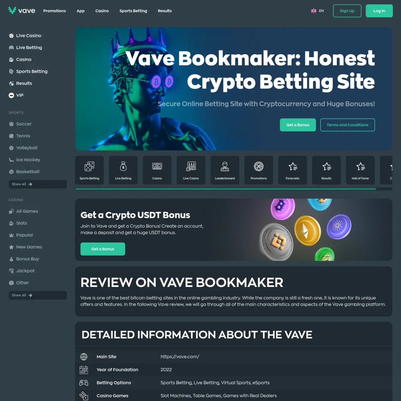 sports betting and online casino platform accepting BTC, ETH, and USDT. It features numerous slot ga